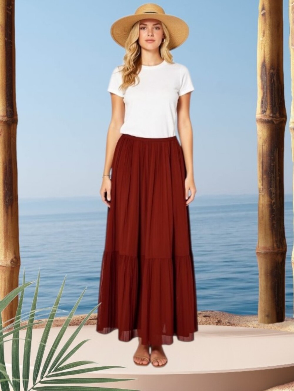 Flowy Tiered Maxi Skirt in Deep Browh/Burgundy